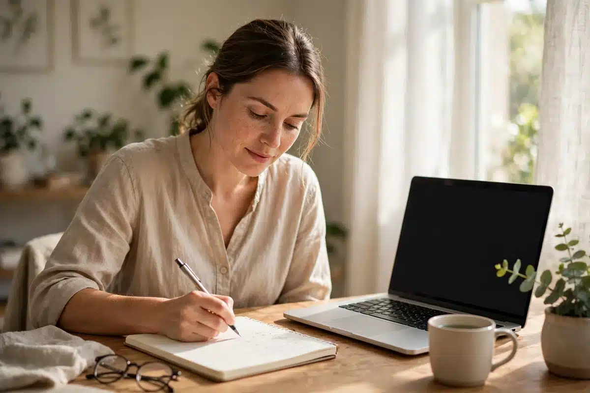 Woman writing notes at a sunny home desk while researching health information on a laptop