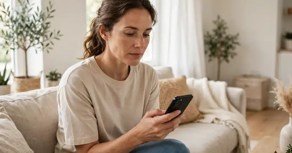 Woman sitting on a couch in a bright living room looking thoughtfully at her smartphone