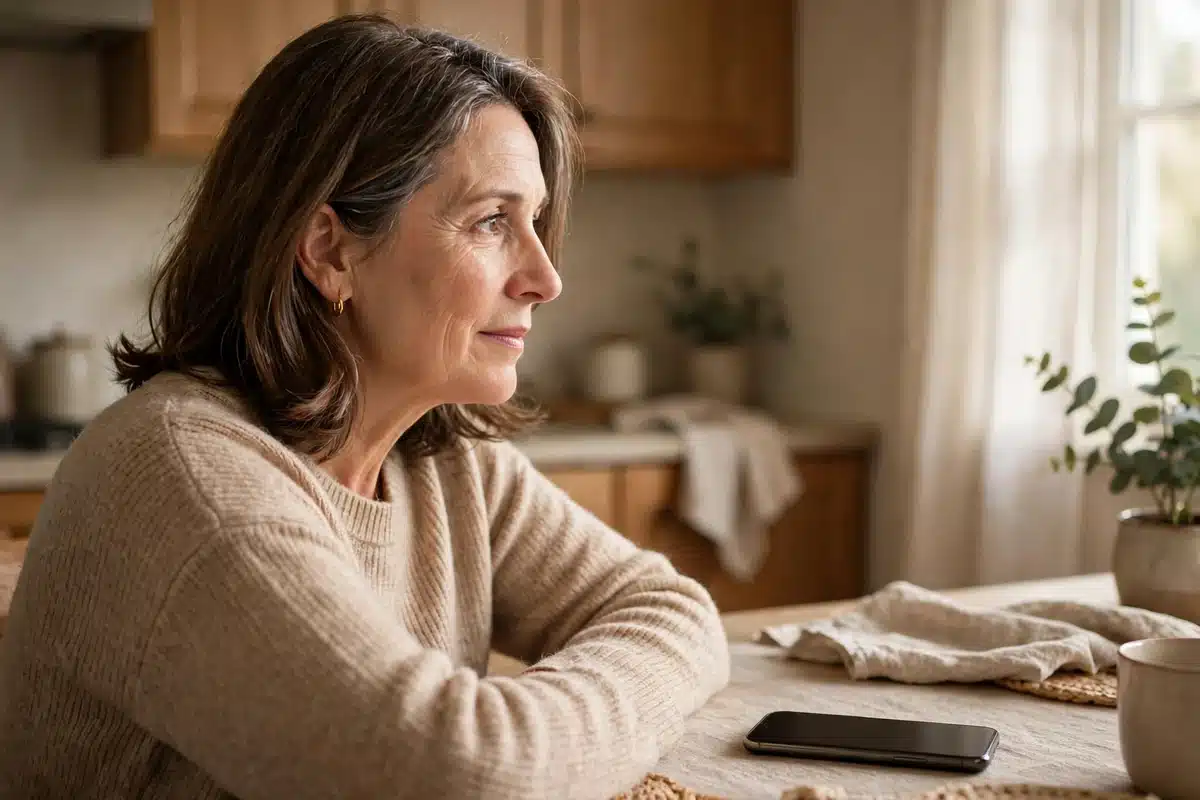 Photo of a woman sitting at a kitchen table at home, glancing at her phone while she waits to hear from her care team