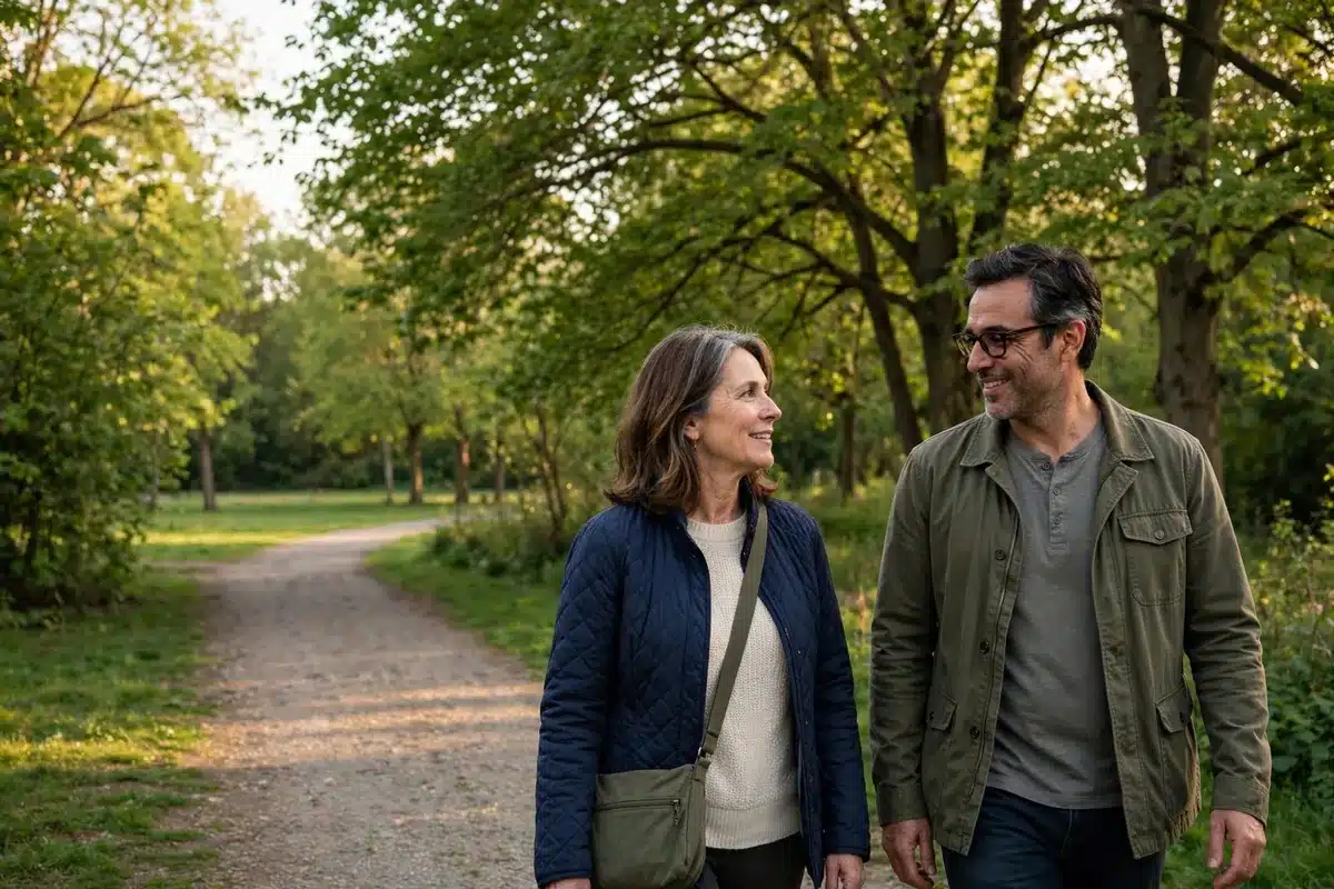 Photo of a woman and her partner taking a gentle walk together in a park in soft afternoon light during the wait for results