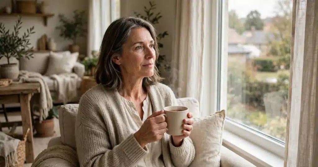 Photo of a woman sitting by a bright window at home with a cup of tea in her hands, in the quiet days while waiting for scan results