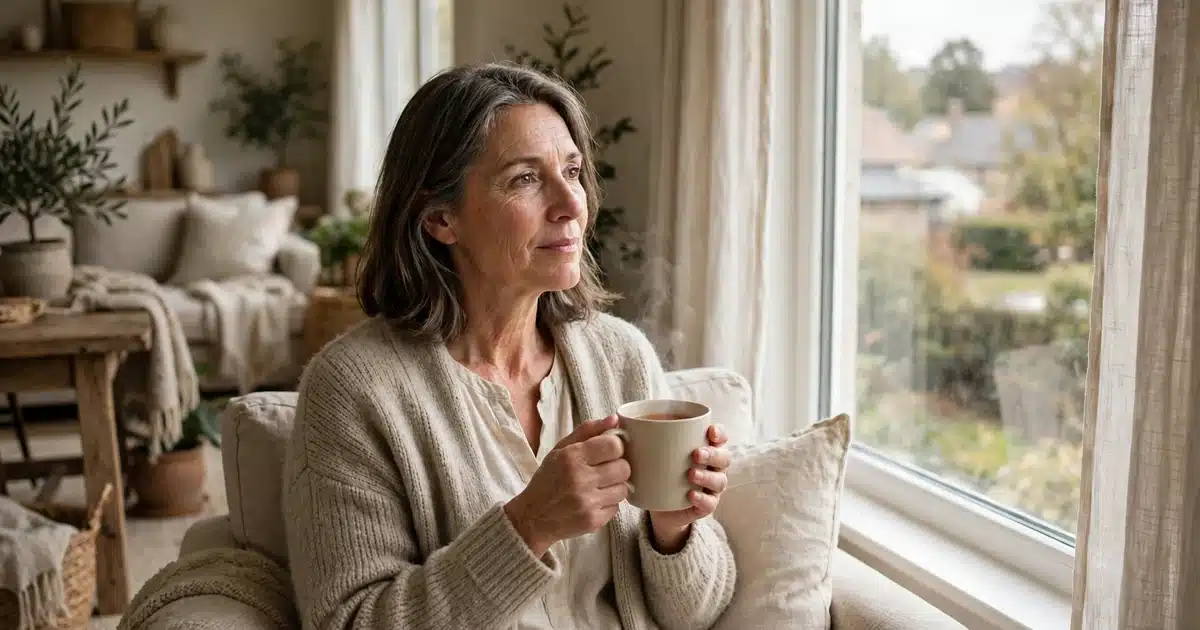 Photo of a woman sitting by a bright window at home with a cup of tea in her hands, in the quiet days while waiting for scan results