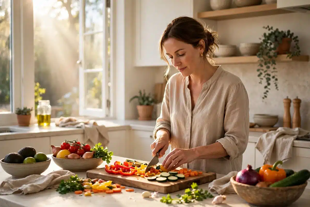 Woman cooking fresh vegetables in a bright kitchen