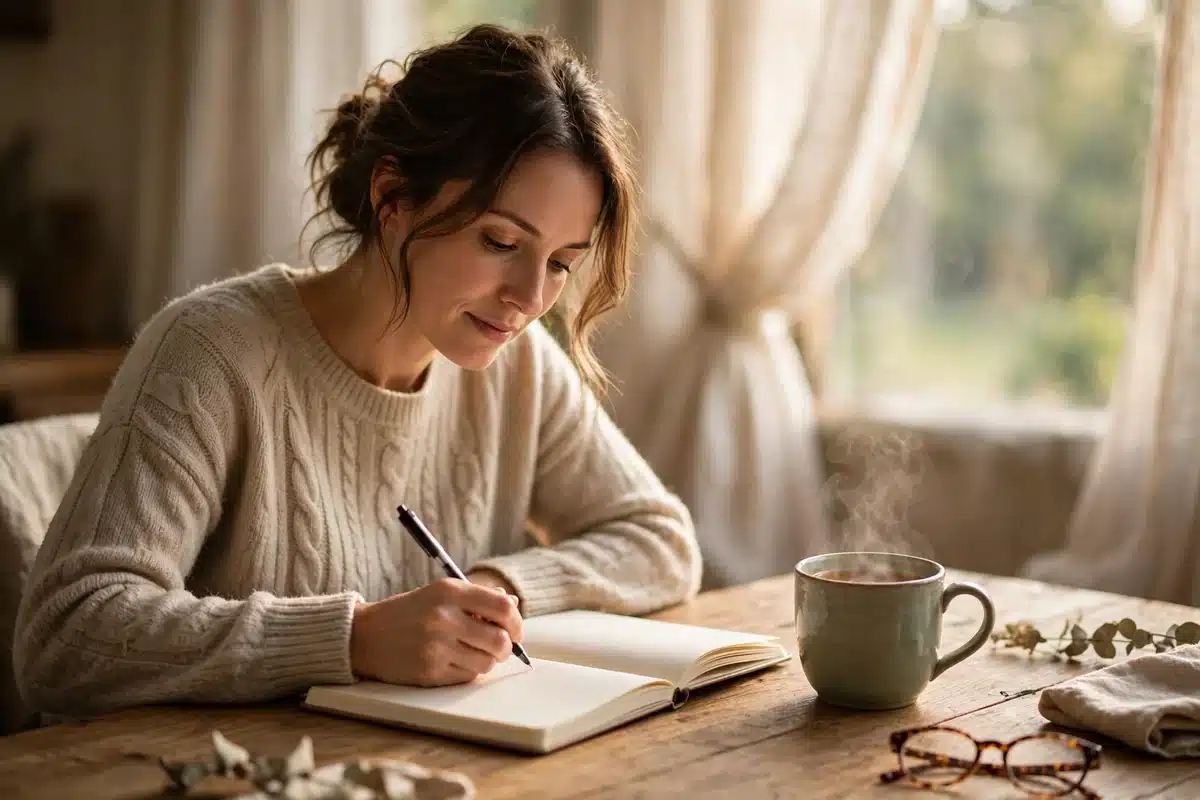 Woman journaling at a desk with a cup of tea