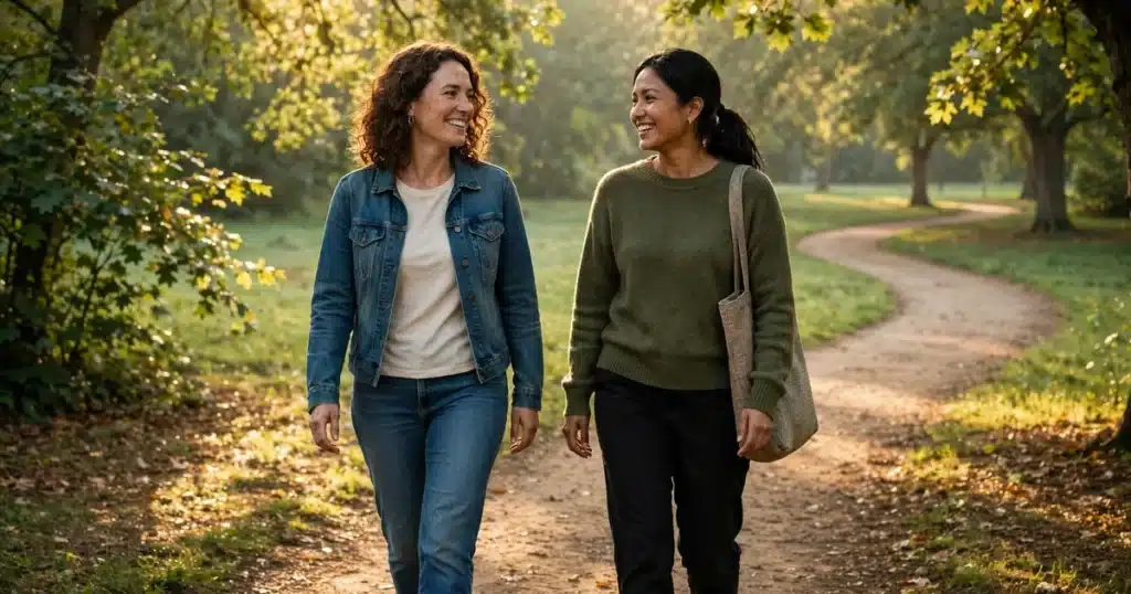 Two women friends walking together on a park path in soft morning light