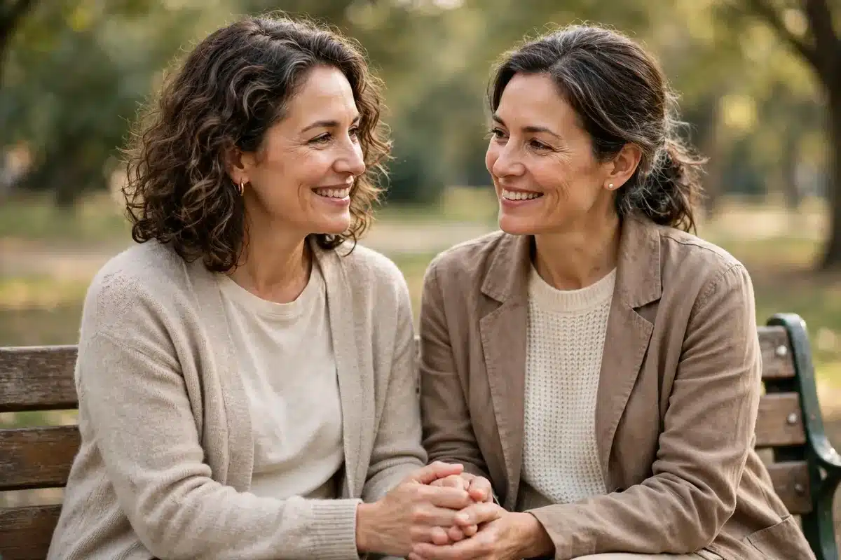 Two friends sharing a warm, supportive moment together on a park bench