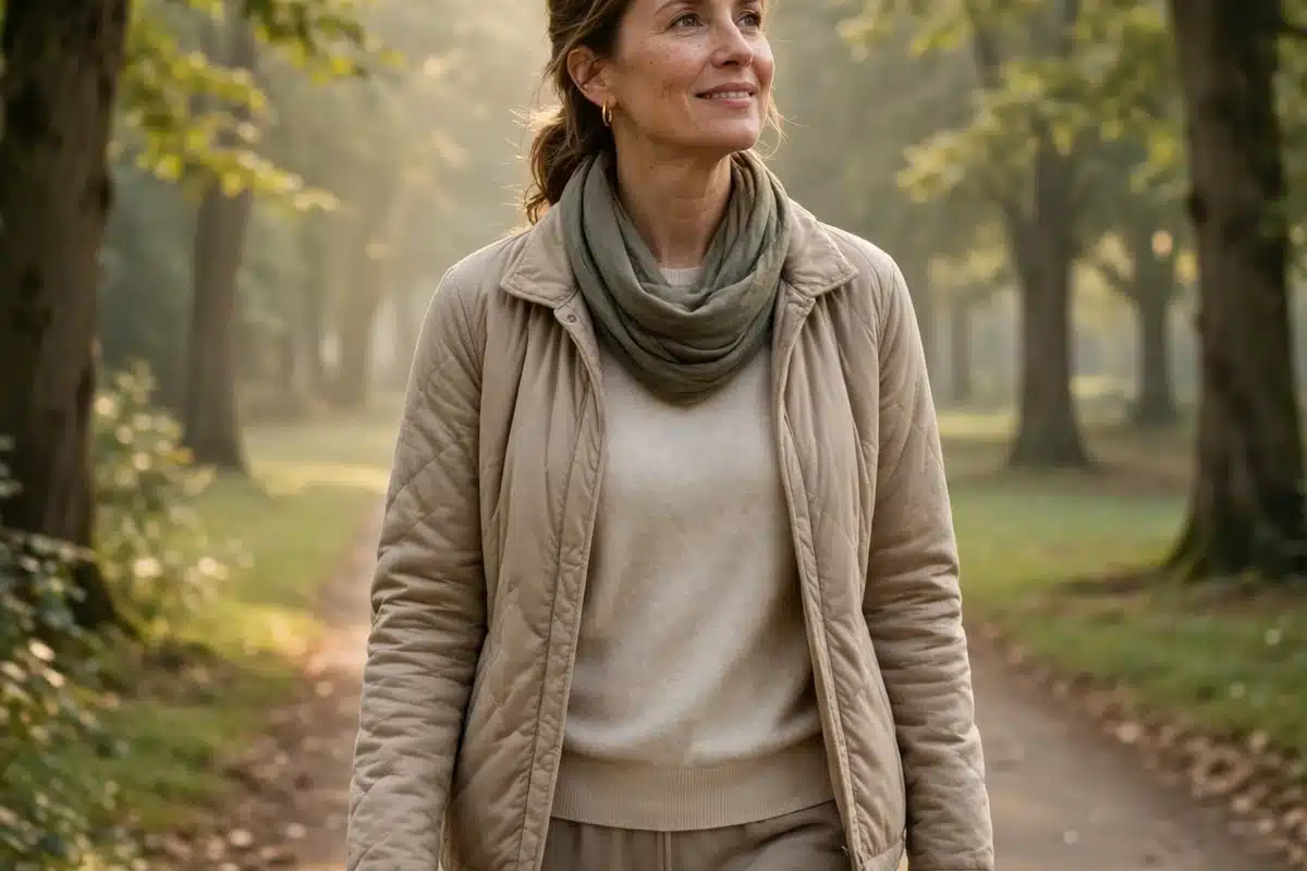 Woman on a peaceful walk along a quiet tree-lined path in soft morning light