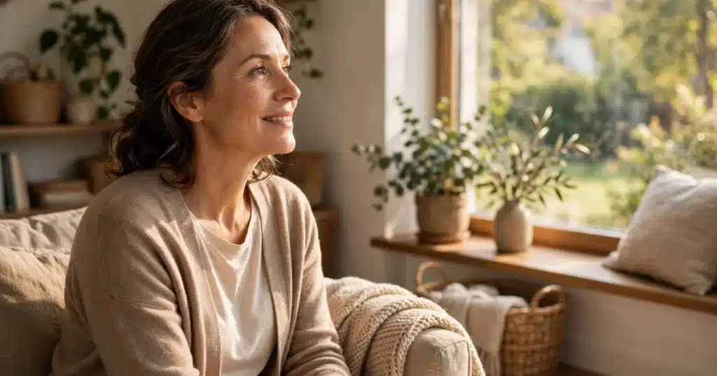 Woman sitting by a sunlit window at home with a gentle, hopeful expression