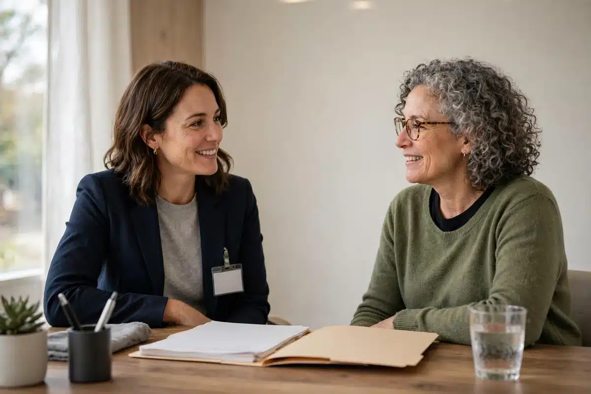 Photo of a patient navigator talking warmly with a woman patient across a desk in a bright office, a plain folder open between them, both relaxed and engaged