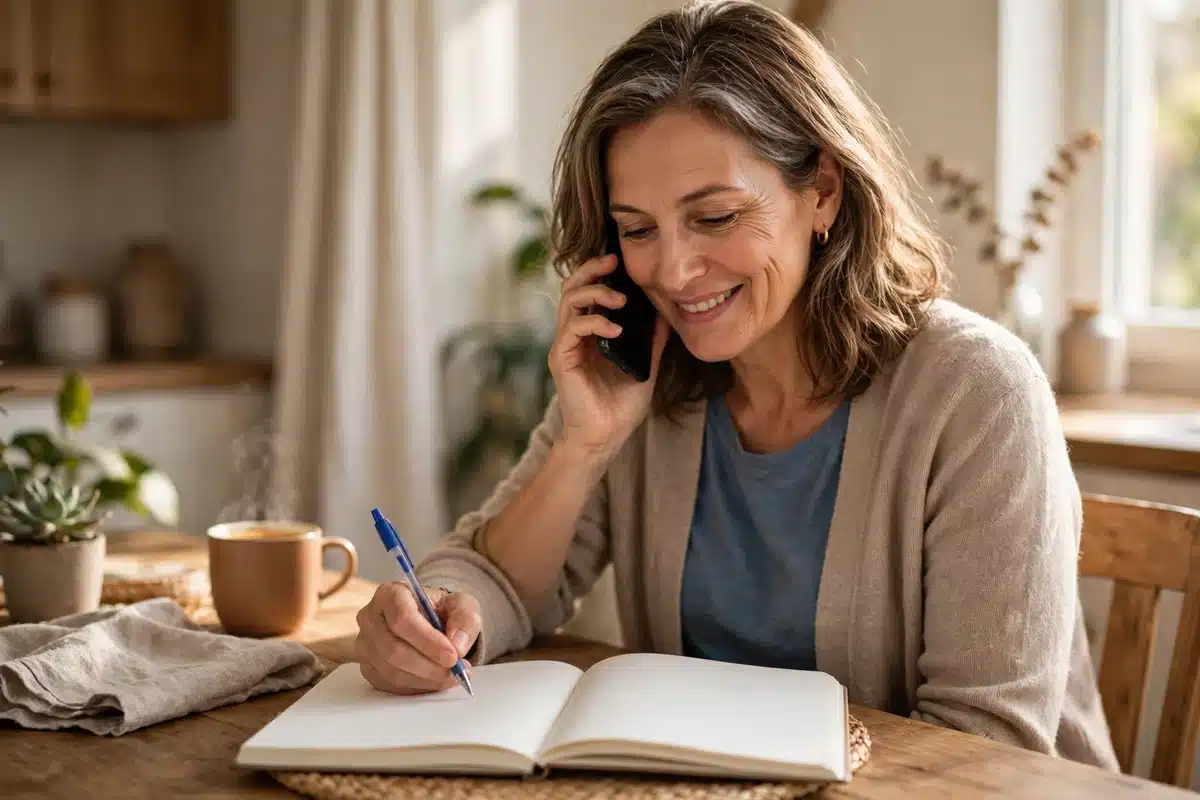 Photo of a woman at home speaking on the phone with a plain notebook open in front of her, taking notes during a helpful call in warm natural light