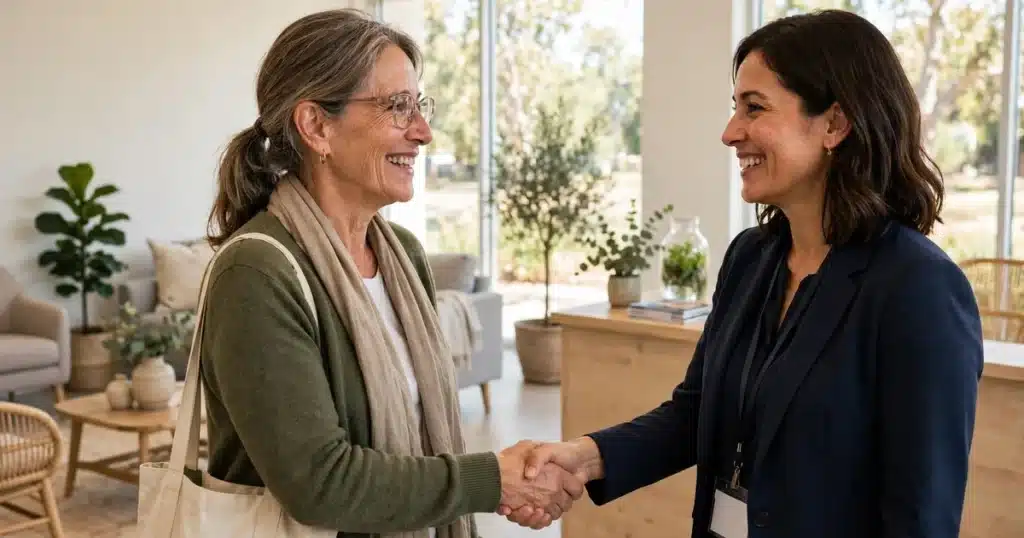 Photo of a woman patient shaking hands with her patient navigator in a bright clinic reception area, both smiling warmly