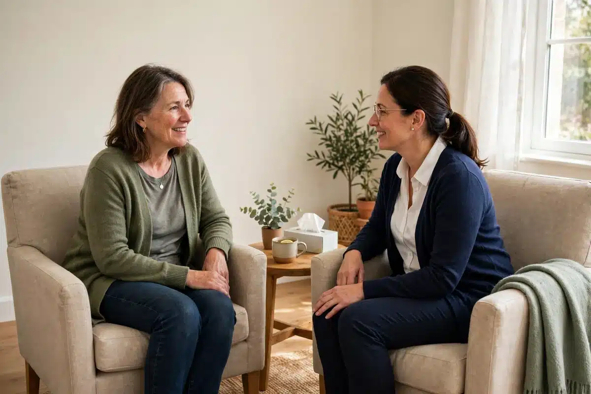 Photo of a woman patient in her 50s talking warmly with a female oncology social worker in a bright, comfortable clinic counselling room, both seated in armchairs, relaxed and unhurried