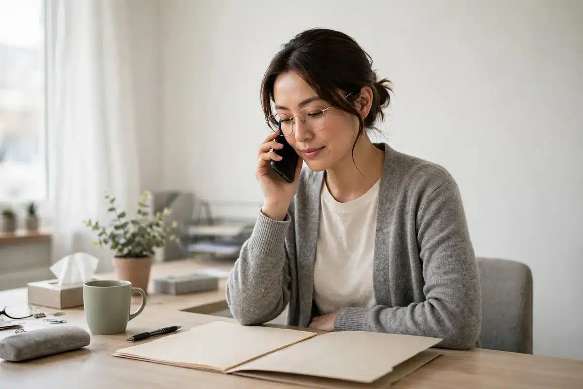 Photo of a female oncology social worker speaking on the phone at a desk in a bright office with a plain folder open in front of her, connecting a patient to a community service, calm and focused
