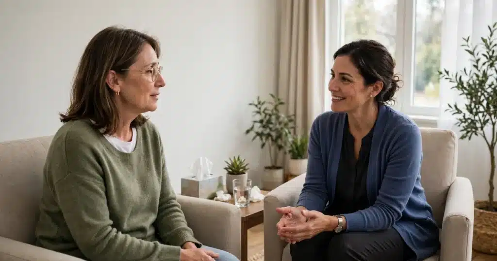 Photo of a woman patient in her 50s talking with a female oncology social worker in a bright comfortable clinic counselling room, both seated in armchairs, natural window light