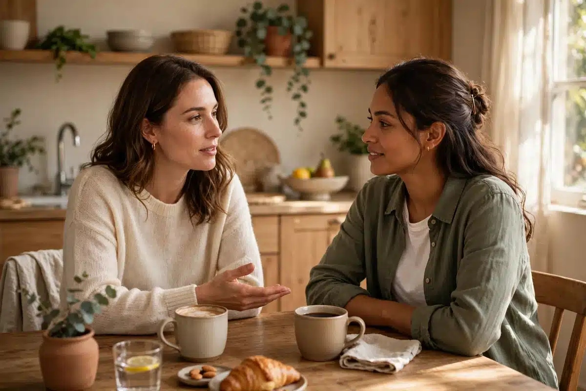Photo of two friends talking over coffee at a kitchen table at home, sharing information and support in warm natural light