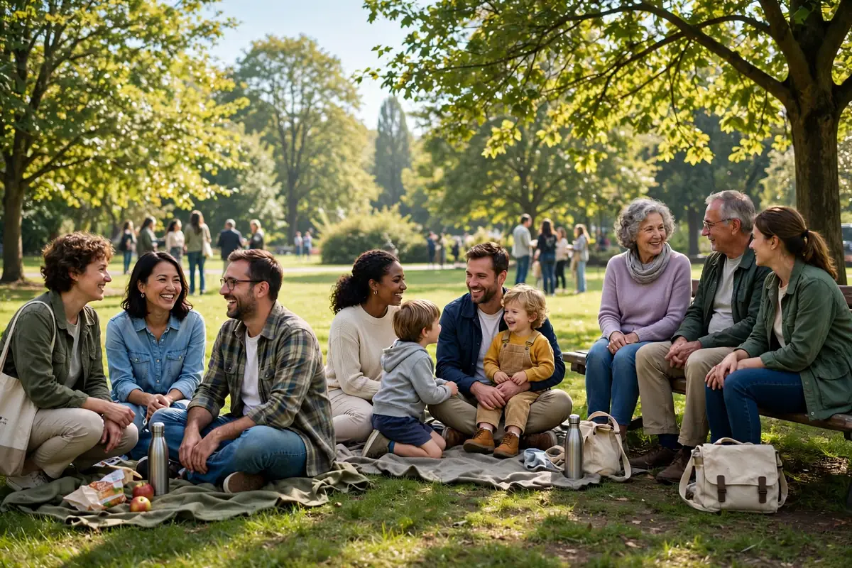Photo of volunteers and families gathered in a park on a bright morning for a community awareness event, talking together in small groups