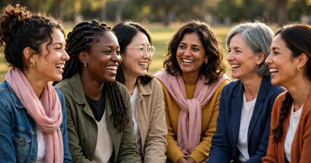 Photo of a diverse group of women chatting together at an outdoor community awareness event in a park in warm afternoon light