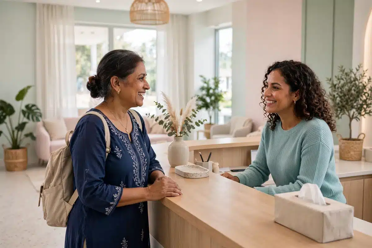 Photo of a woman checking in at the reception desk of a bright modern imaging center, smiling as she talks with the receptionist