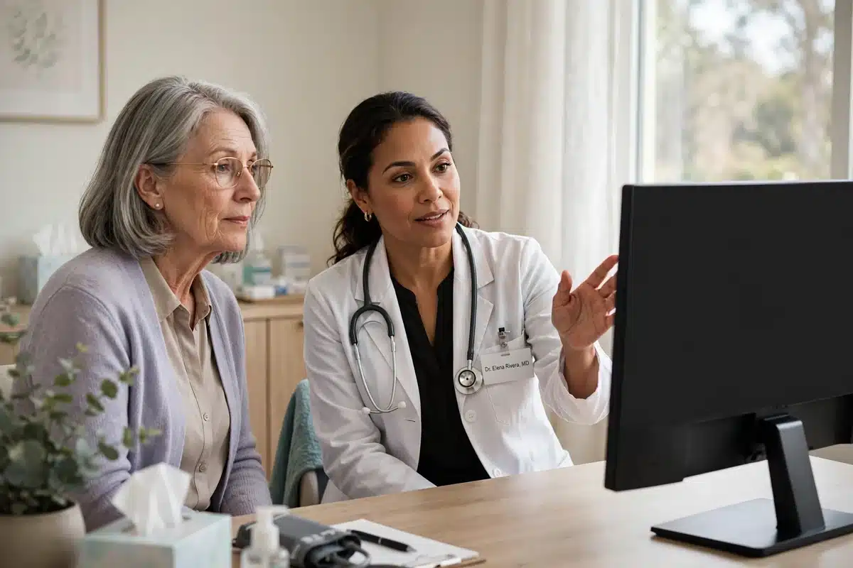 Photo of a woman sitting with her doctor, who gestures toward a blank monitor screen while explaining her results