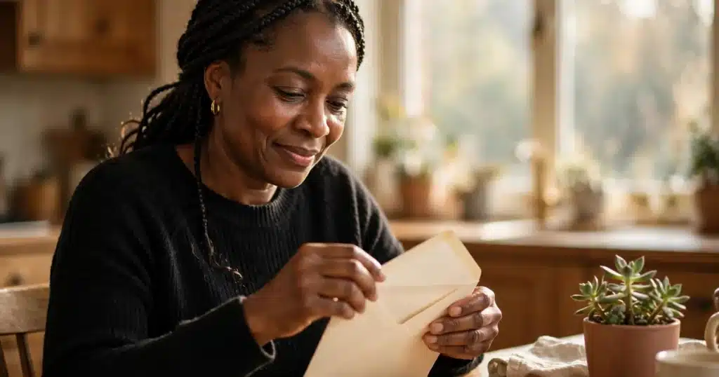 Photo of a smiling woman in her 50s opening a results letter at her kitchen table in warm morning light