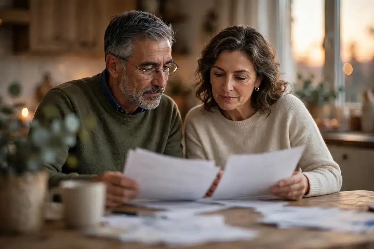 Photo of a couple looking over household paperwork together at their dining table