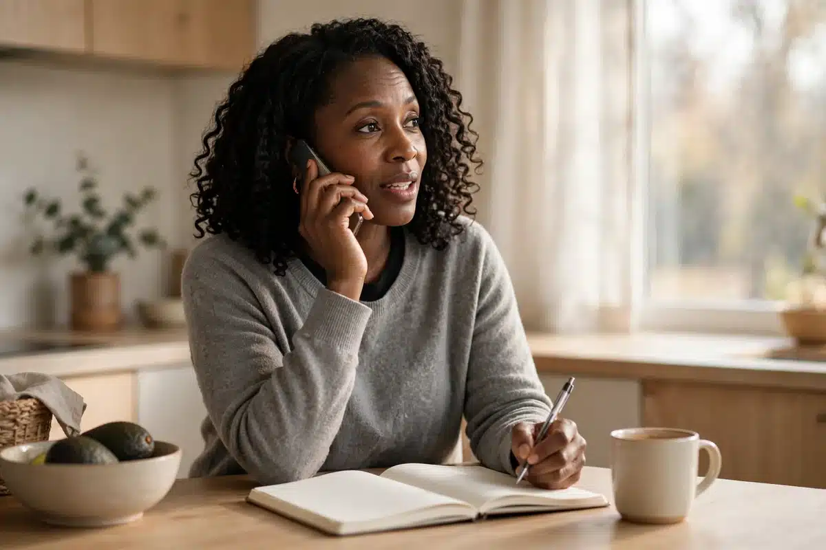 Photo of a woman calling her insurance company from her kitchen, notebook open in front of her