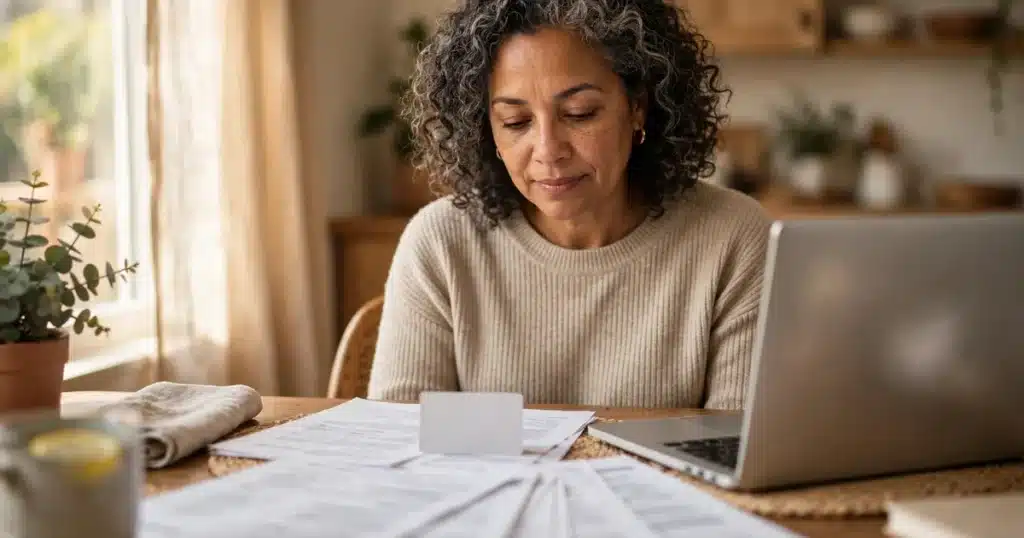Photo of a woman reviewing her health insurance papers at a home table with a laptop