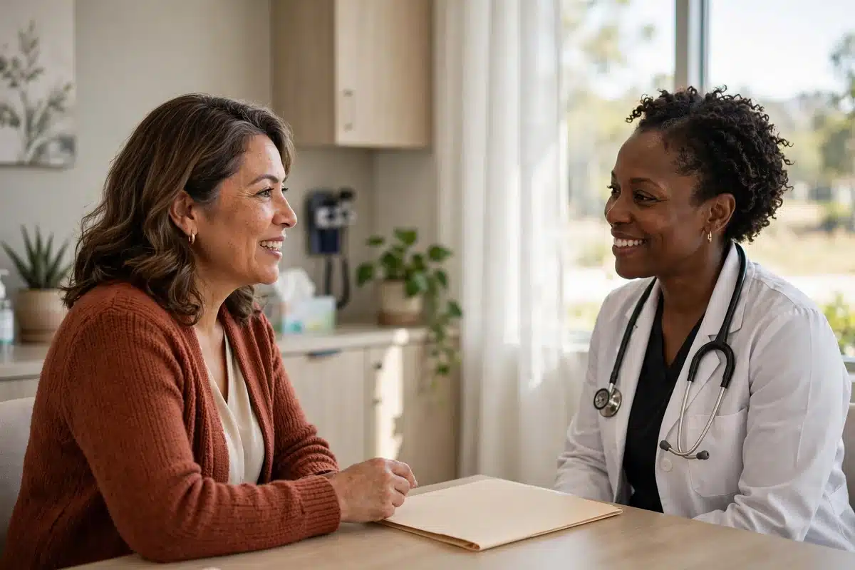 Photo of a woman at a follow-up appointment talking with her doctor in a bright clinic room