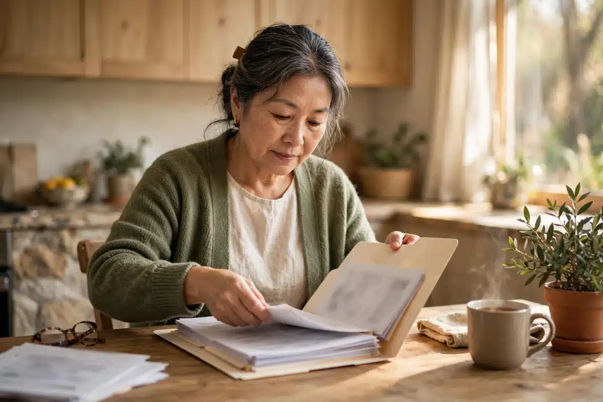 Photo of a woman at home organising her health paperwork into a plain folder at her kitchen table