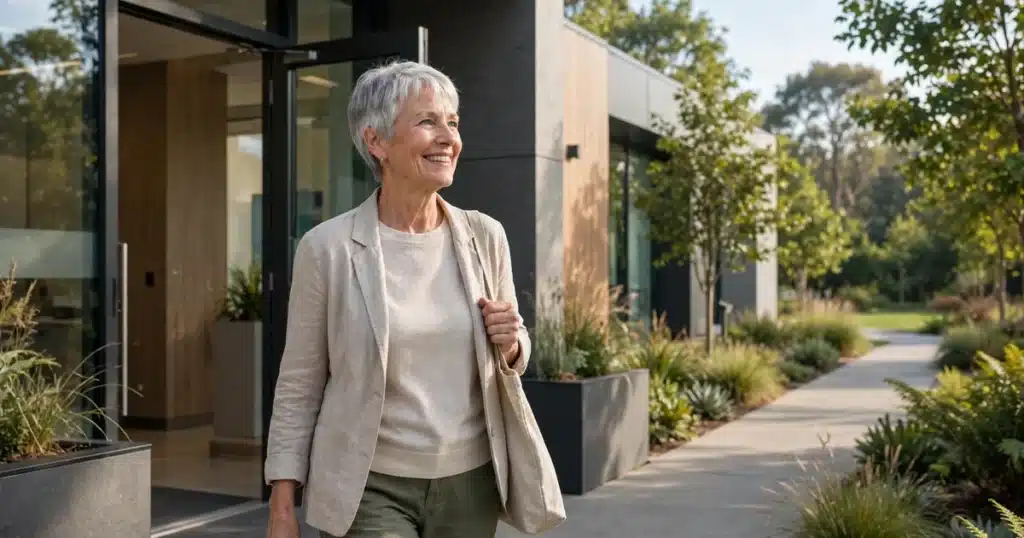 Photo of a smiling woman in her 60s leaving a clinic building on a sunny morning, hopeful and relaxed