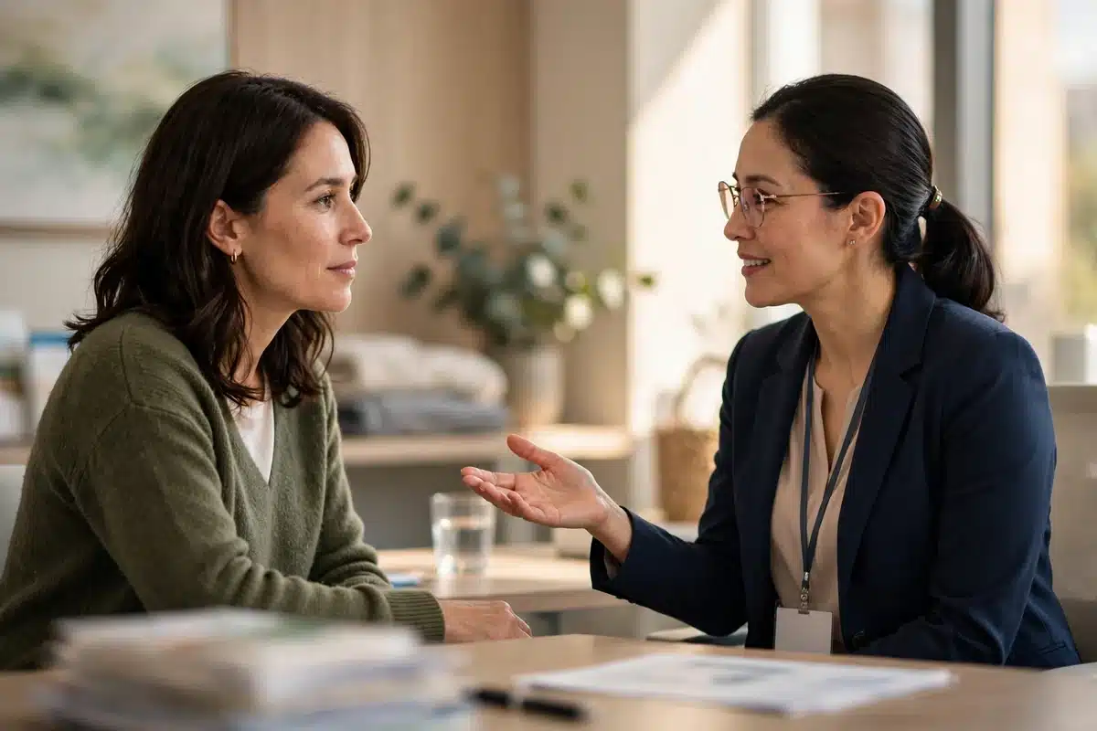 Photo of a woman speaking with a patient navigator across a desk in a bright, modern medical center, both seated and talking calmly