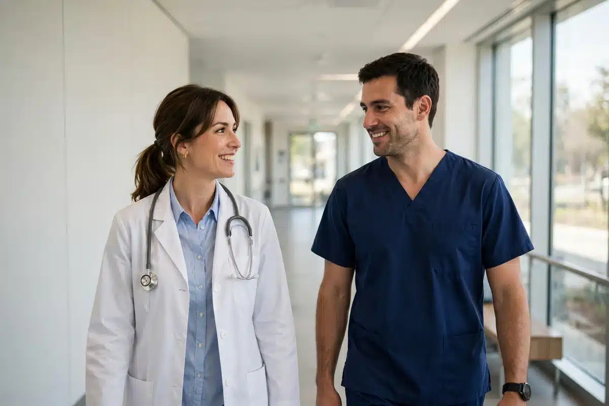 Photo of a doctor and a nurse talking together as they walk along a bright, modern medical center corridor