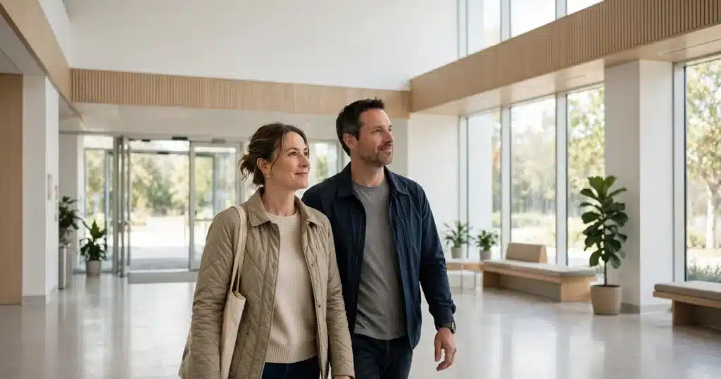 Photo of a woman and her partner walking into the bright, modern entrance hall of a medical center