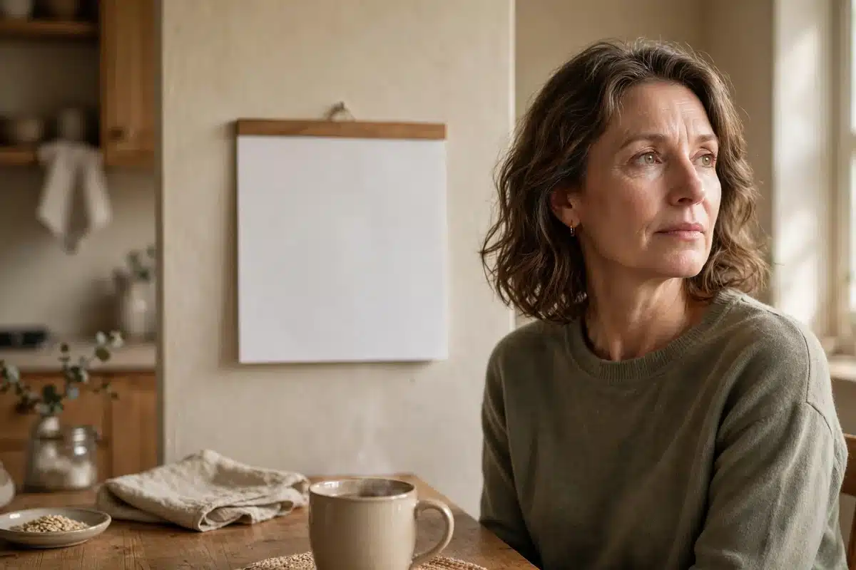 Photo of a woman sitting at her kitchen table at home in soft morning light with a blank calendar on the wall behind her, looking thoughtfully into the distance