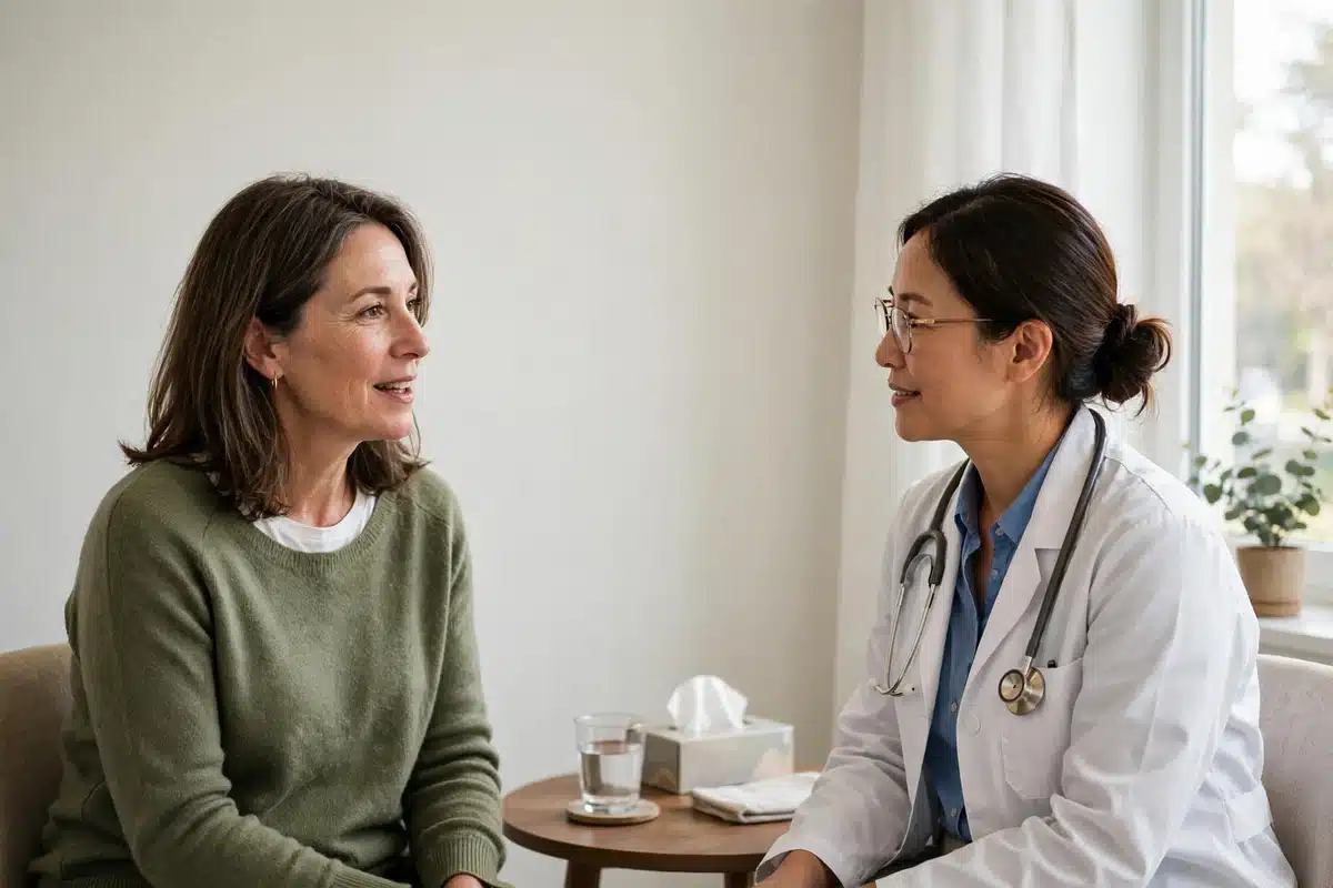 Photo of a woman talking openly with her doctor in a bright clinic room about the anxiety she feels before scans, both calm and unhurried