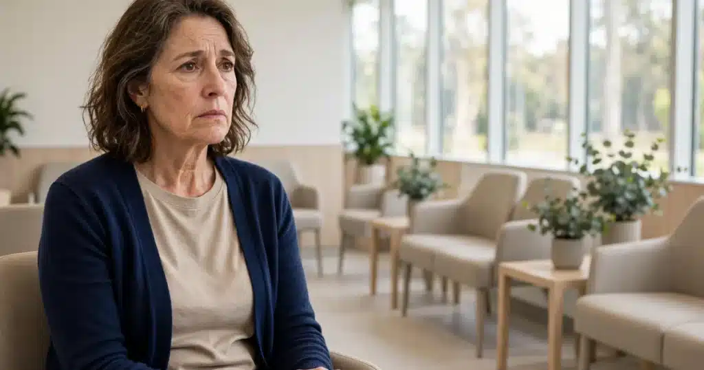 Photo of a woman sitting in a bright clinic waiting area before a follow-up scan, hands resting in her lap with a thoughtful, slightly tense expression