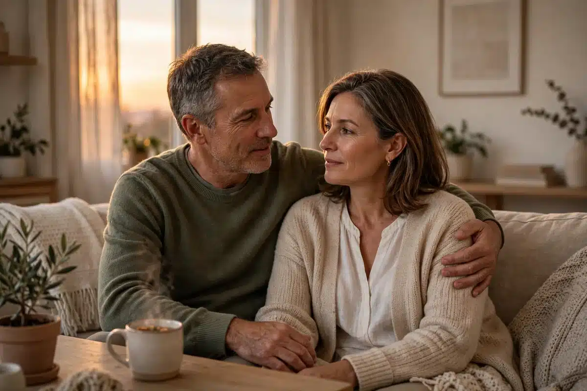 Photo of a husband and wife sitting close on a sofa at home in warm evening light, talking