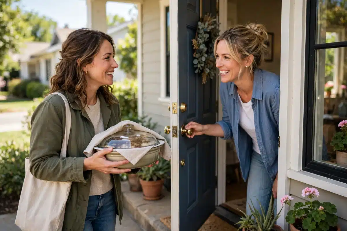 Photo of a friend arriving at a front door holding a casserole dish, smiling, welcomed by a woman
