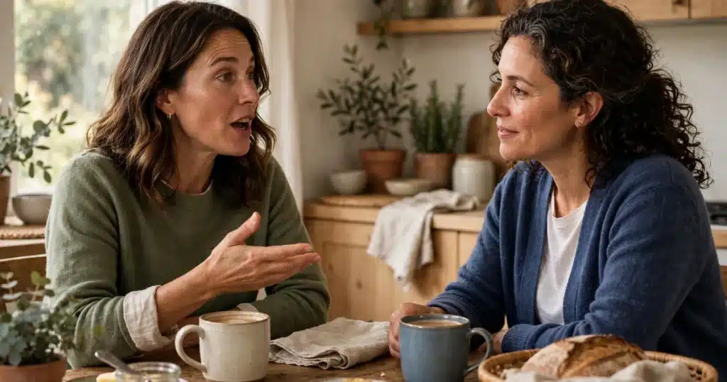 Photo of two women friends talking over coffee at a kitchen table, one listening attentively