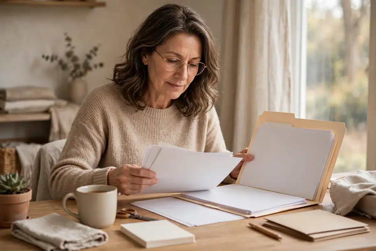 Photo of a woman at home in soft daylight calmly sorting a plain folder of medical letters at a tidy desk