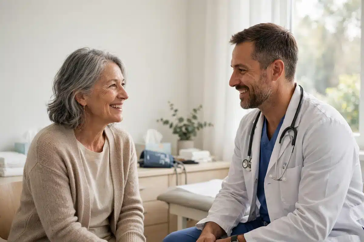 Photo of an older woman talking warmly with her doctor during a routine check-up in a bright, friendly clinic room