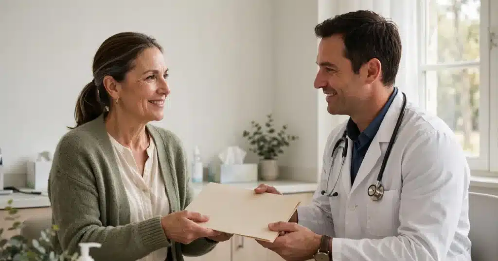 Photo of a woman meeting her primary care doctor in a bright clinic room, handing over a plain folder containing her health history