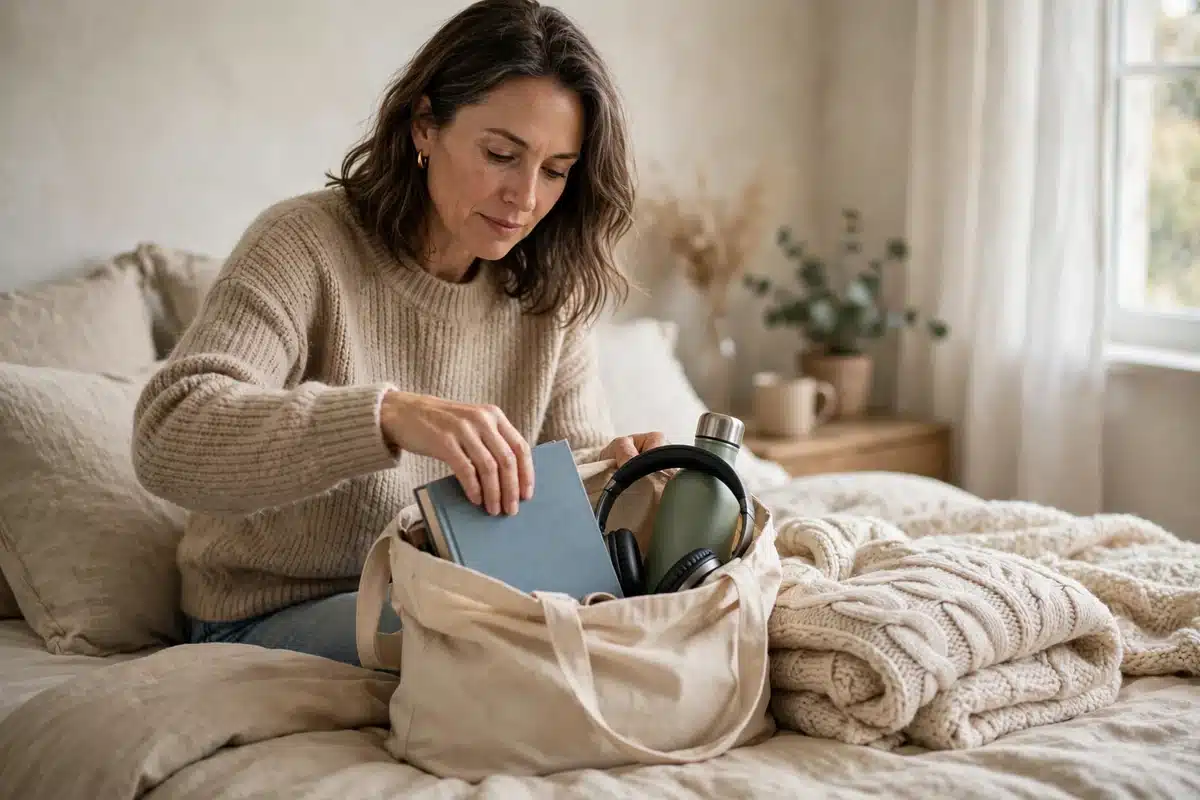 Photo of a woman in her 40s at home packing a soft tote bag with a book, headphones, a water bottle and a cosy blanket on her bed, calm daylight