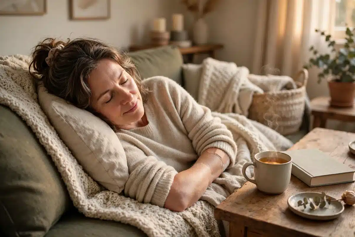 Photo of a woman in her 40s resting at home on her sofa after treatment with a cup of tea and a novel beside her, peaceful warm light