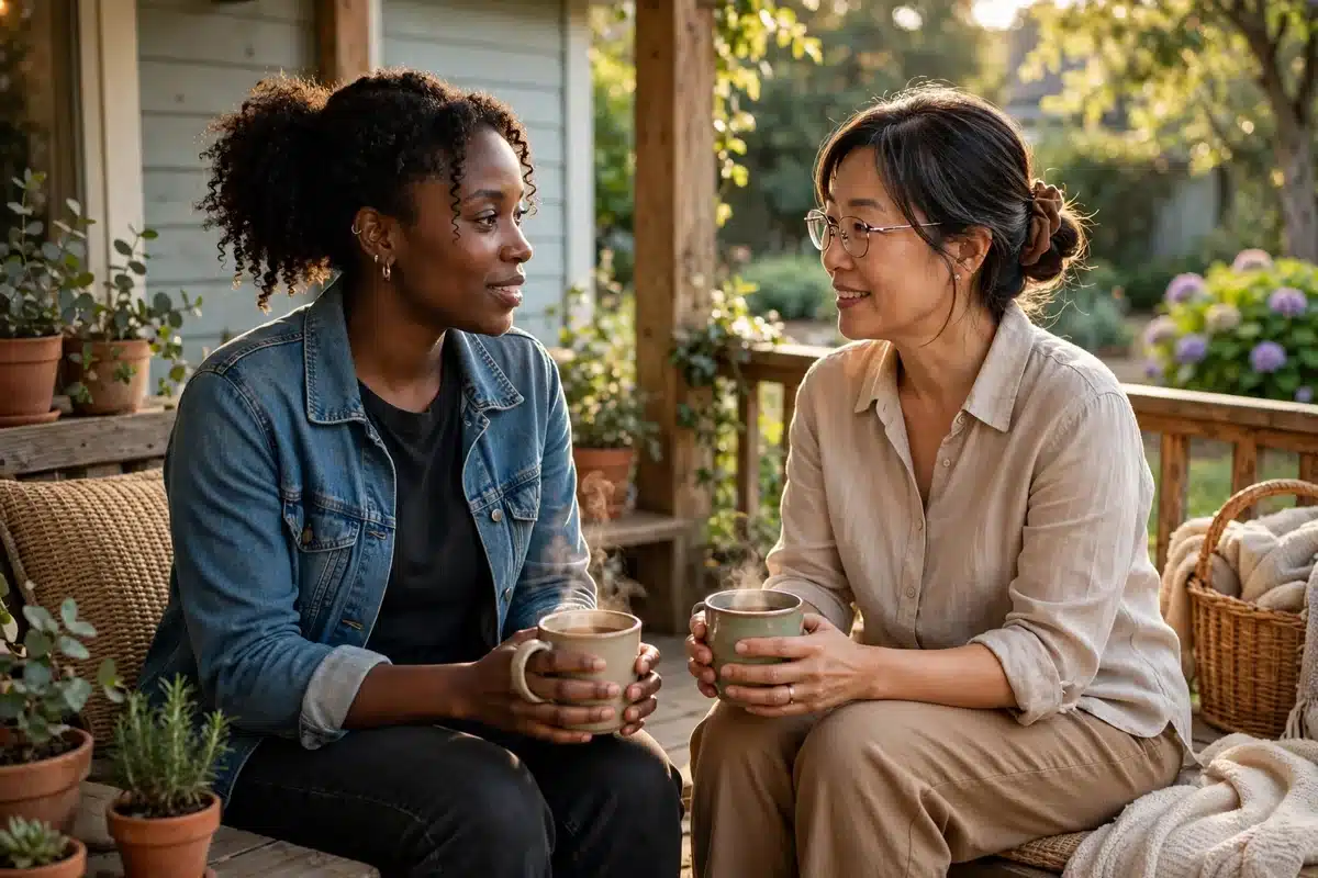 Photo of two women friends sitting together on a porch at home, talking warmly in afternoon light