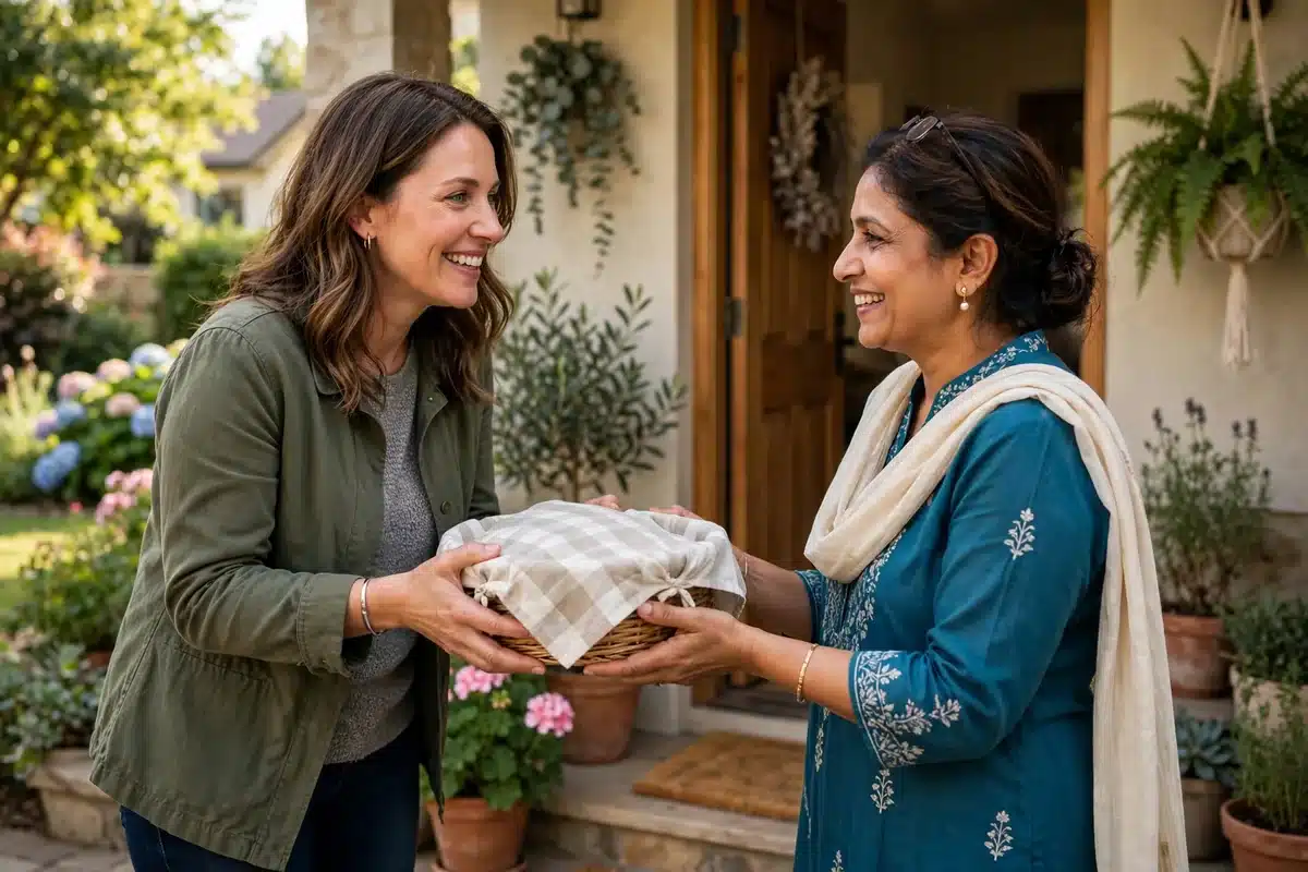 Photo of a friend delivering a home-cooked meal in a basket at a front door, both women smiling