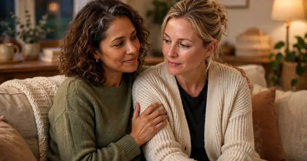 Photo of two women friends sitting close together on a sofa at home, one listening with a hand on the other's arm
