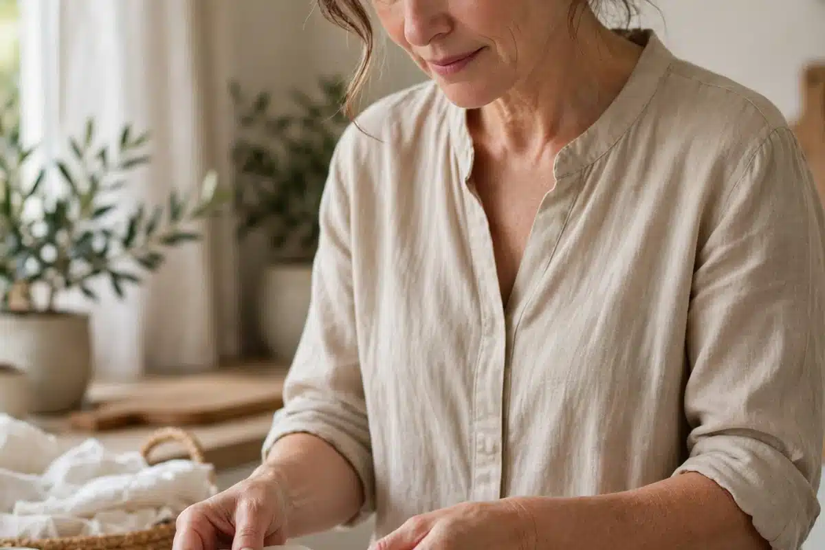 Photo of a woman in her 50s folding soft plain cotton garments at home, calm and unhurried, soft daylight