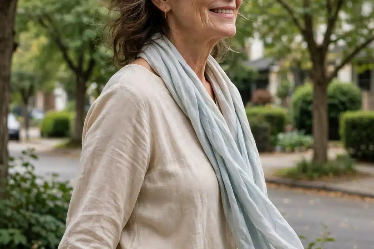 Photo of a woman in her 50s walking outdoors on a leafy street in soft daylight, wearing a soft loose top and light scarf, smiling gently