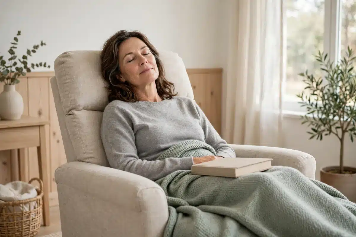 Photo of a woman in her 50s resting comfortably in a recliner chair in a bright, calm treatment room, a soft blanket over her legs and a book in her lap